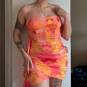 SHEIN Strapless Dress in Orange and Pink